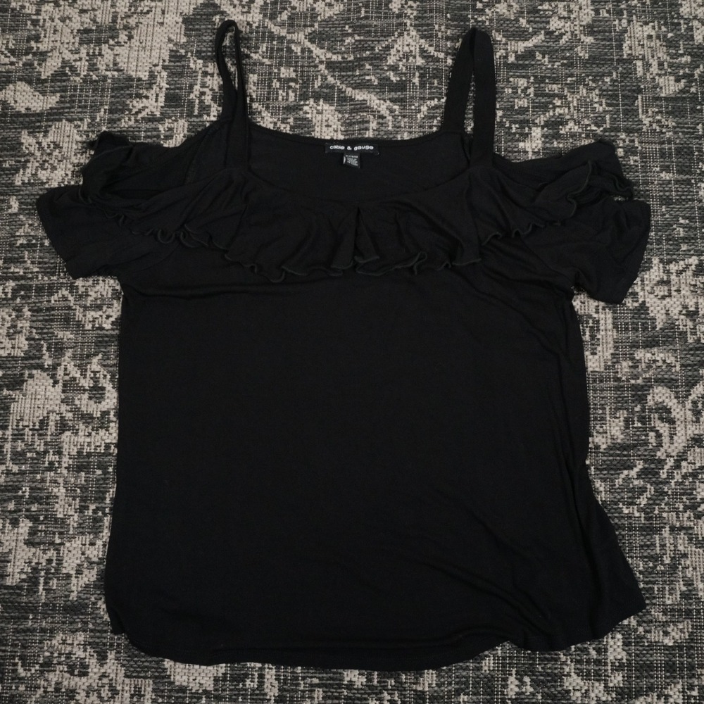 Cable & Gauge Women's XL Black Cold Shoulder Ruffle Top Blouse Preppy Dress Y2k
